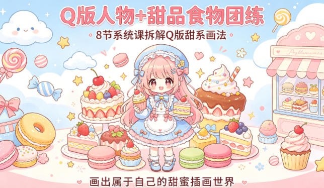 Q版人物+甜品食物团练，8节系统课拆解Q版甜系画法，画出属于自己的甜蜜插画世界-网创项目