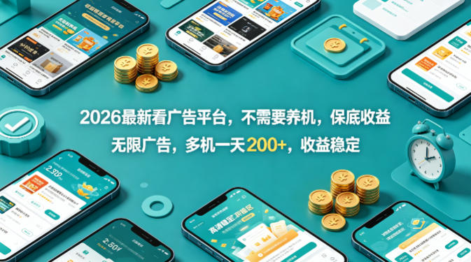 2026最新看广告平台，不需要养机，保底收益，无限广告，多机一天200+，收益稳定【揭秘】-网创项目