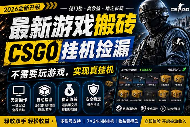 最新游戏搬砖，CSGO纯挂机，不需要玩游戏，实现真挂机，月入1W+，五一小高峰上车可吃肉，…-网创项目