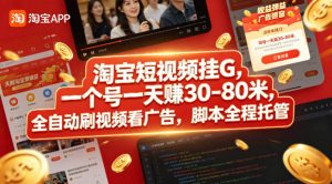 淘宝短视频挂G，一个号一天 賺30-80米，全自动刷视频看广告，脚本全程托管【揭秘】-网创项目