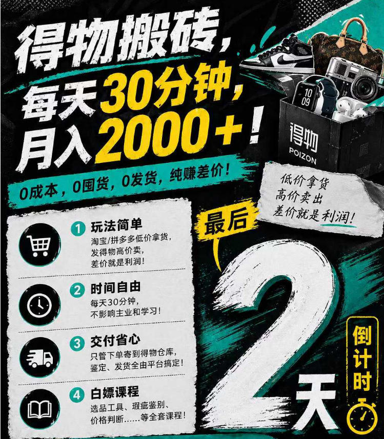 得物搬砖，0成本起步每天30分钟，月入2000+，0成本，0囤货，0发货，纯賺差价-网创项目