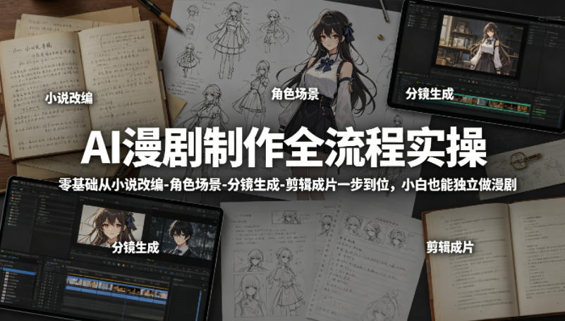 AI漫剧制作全流程实操，零基础从小说改编-角色场景-分镜生成-剪辑成片一步到位，小白也能独立做漫剧-网创项目