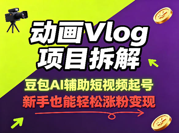 动画Vlog项目拆解，豆包AI辅助短视频起号，新手也能轻松涨粉，43条作品涨粉8.3W-网创项目