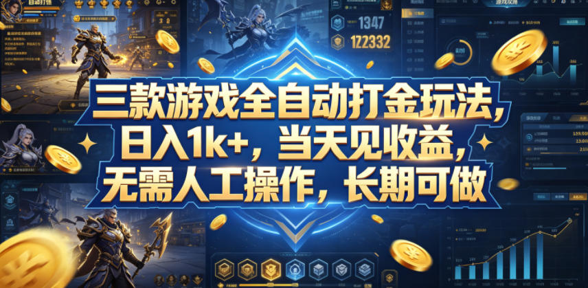 三款游戏全自动打金玩法，日入1k+，当天见收益，无需人工操作，长期可做【揭秘】-网创项目